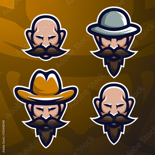 stock vector old beard man mascot logo set. logo, badge, esport logo, and emblem with modern illustration concept style.