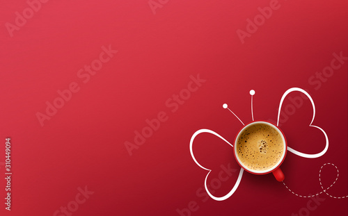 happy valentine's day concept. cup of coffee on red background