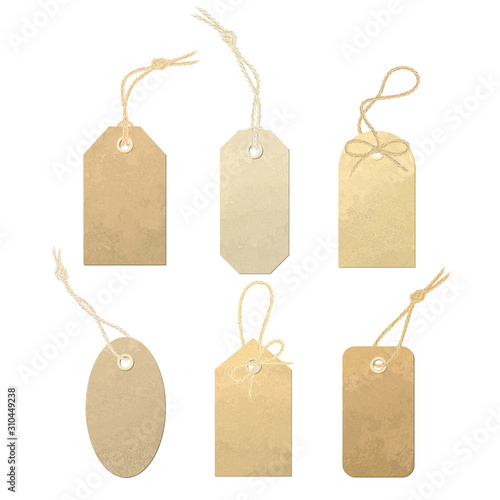 Set of vector carton labels with various linen string tying. Tags tied with knots and bows of realistic, detailed linen thread illustration.