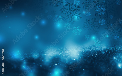 Brilliant festive winter background with neon glow. Falling snowflakes  blurry lights. Magic particles