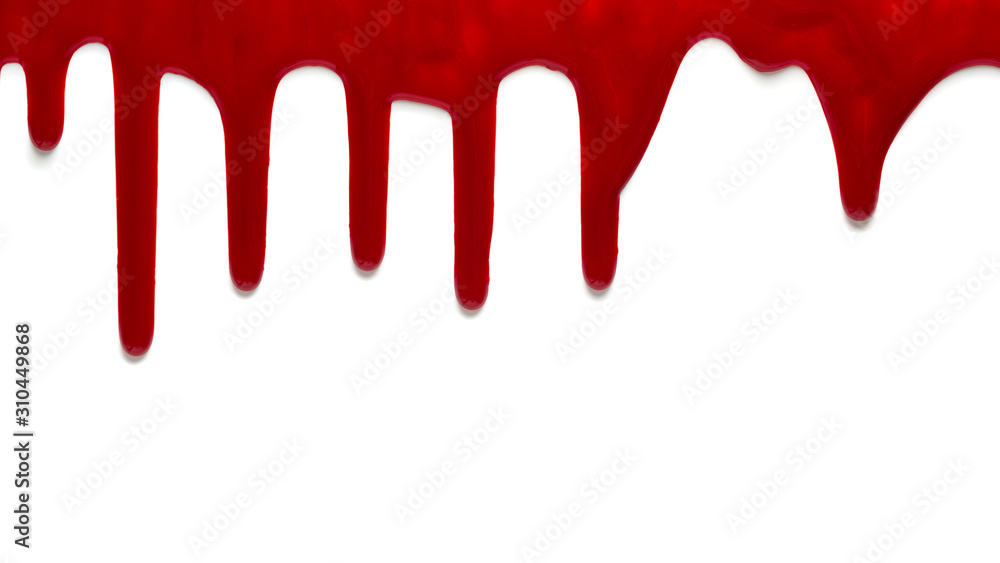 Confluent blood isolated on white background. Close up of paint leaking down.