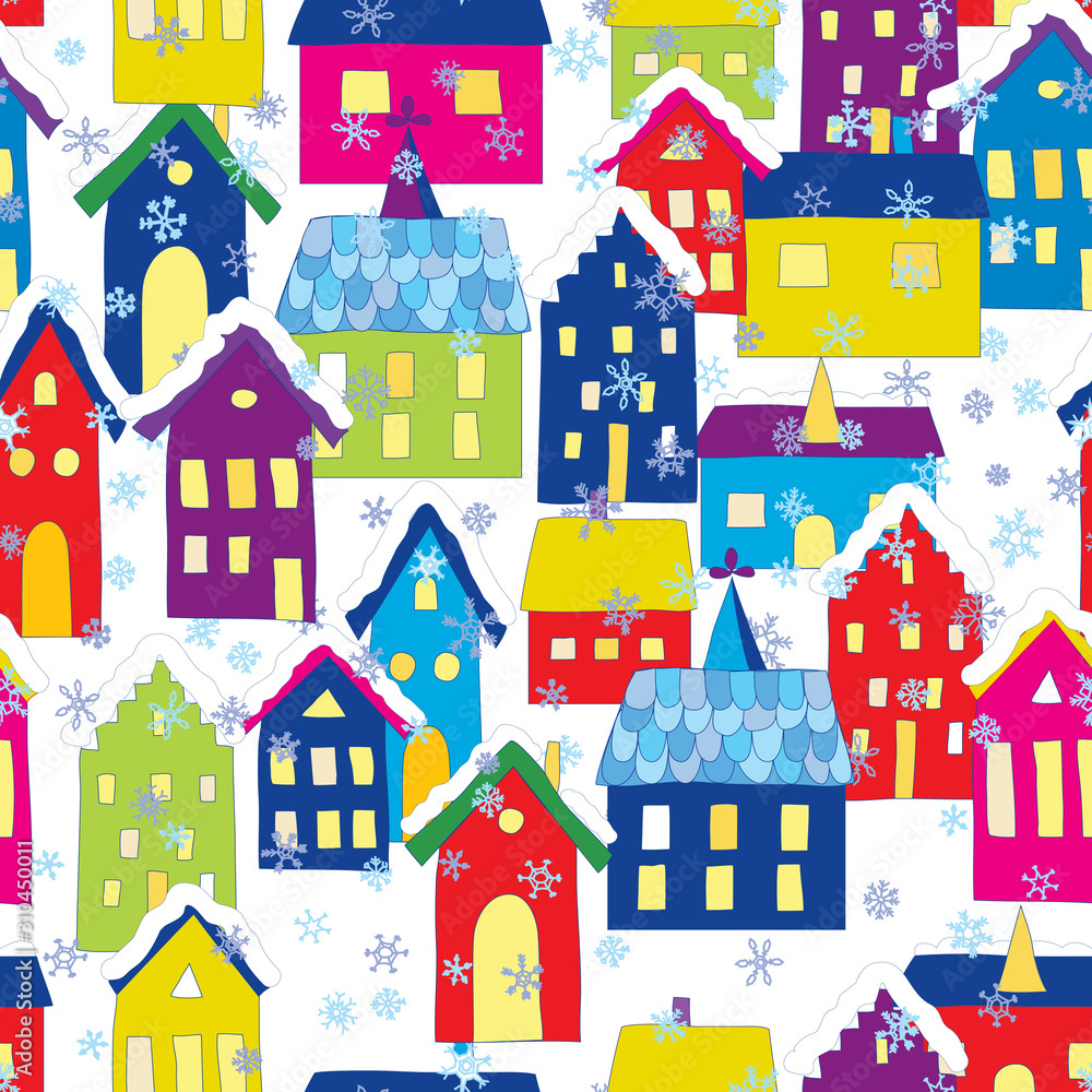 Seamless christmas pattern with stylized european houses.