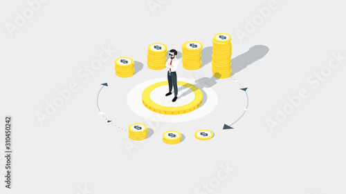 Conceptual vector illustration. Investment and analysis finansial strategy. Investment and analysis money profits metaphor. Looped process of investing money and investments