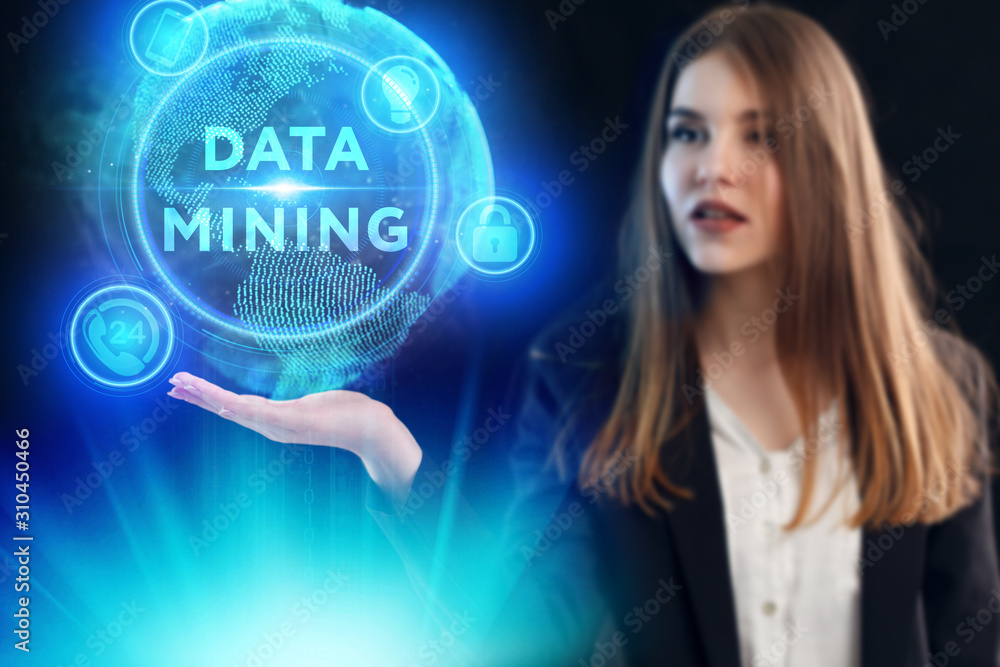 Business, Technology, Internet and network concept. Young businessman working on a virtual screen of the future and sees the inscription: Data mining Business, Technology, Internet and network concept. Young businessman working on a virtual screen of the future and sees the inscription: Data mining