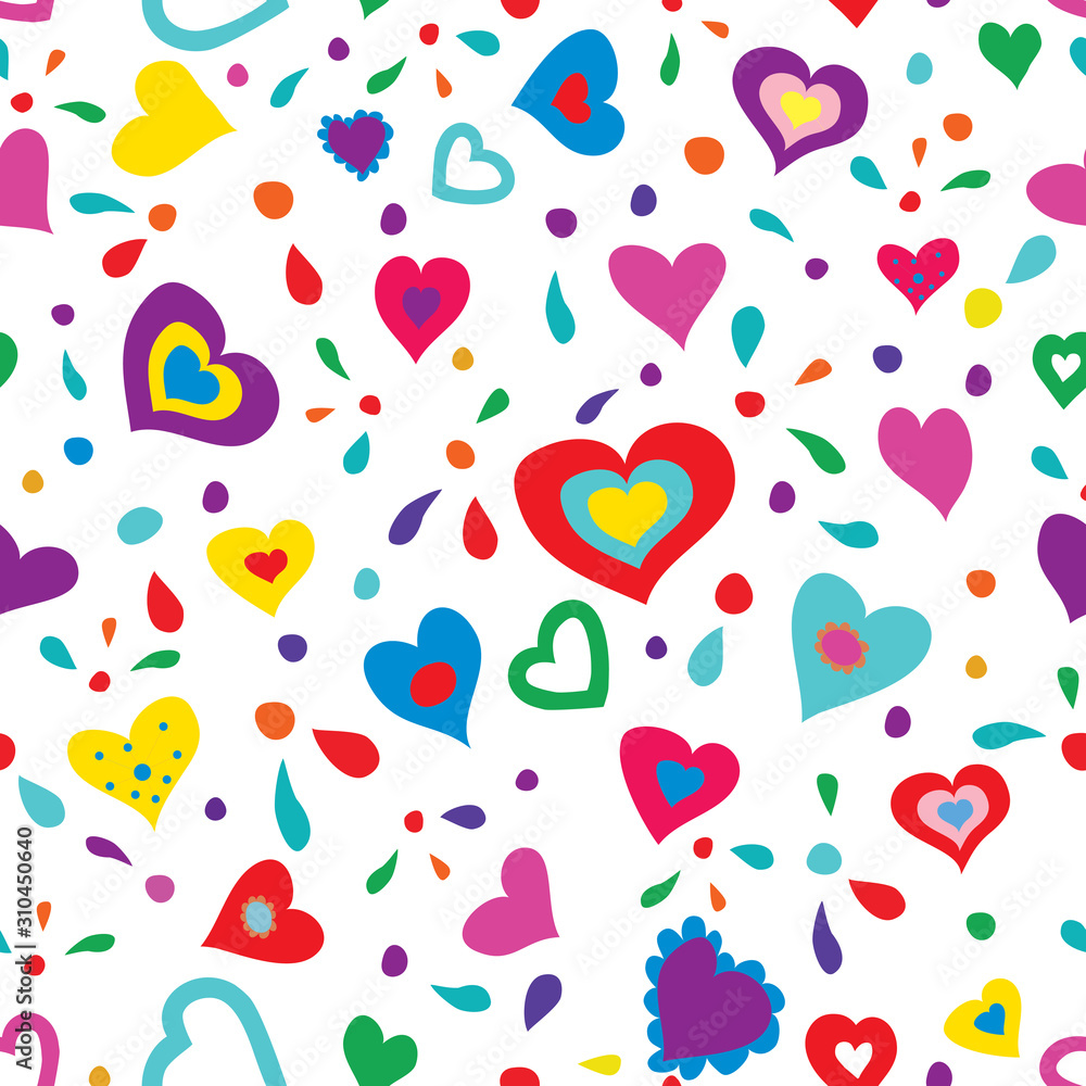 Seamless pattern with bright stylized hearts in cartoon style. Seamless pattern with bright stylized hearts in cartoon style.