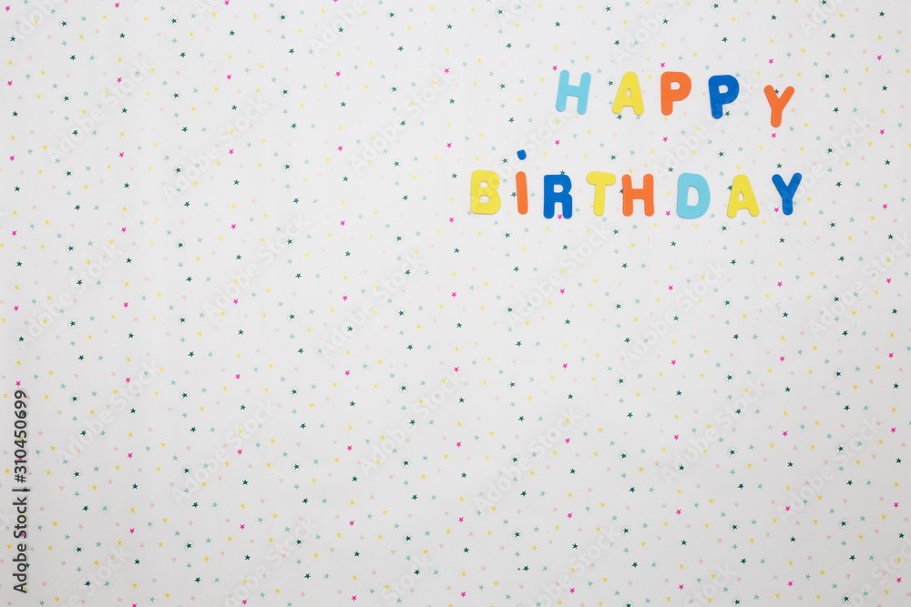 Colorful happy birthday wishes with stars on white background , space for text