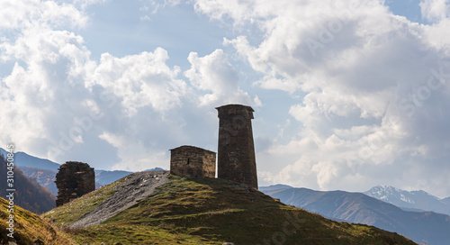 Watchtower - Koshki - in  Ushguli village on a background of mountains in Svaneti in the mountainous part of Georgia photo