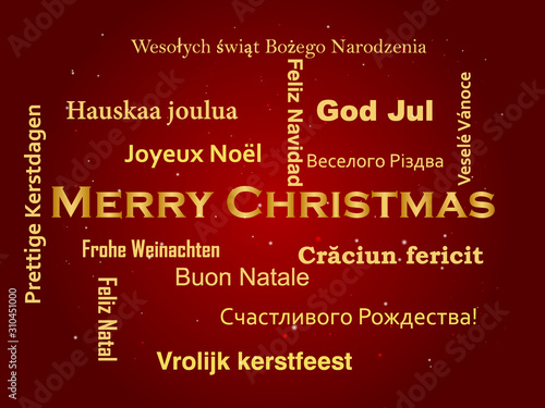 Merry Christmas in golden text in different languages