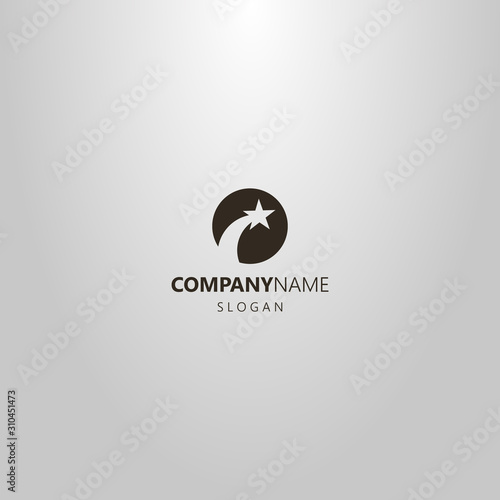 black and white simple vector negative space round logo of a flying star or comet