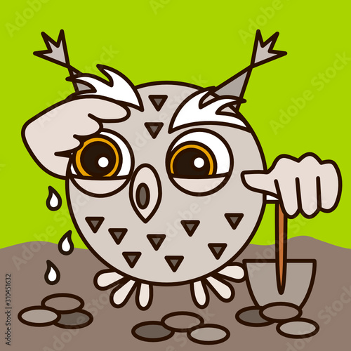Emoticon with a tired owl farmer, who is standing on a dug up field, leaning on a shovel and wiping sweat from his forehead photo