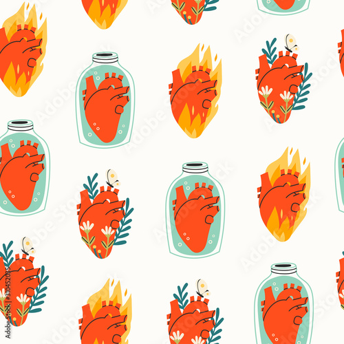 Various Anatomical hearts. Heart on fire, flowers, butterfly, heart in a jar. Cartoon style. Hand drawn colored seamless pattern. Wallpaper. Trendy vector illustration
