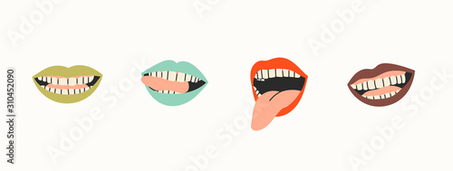 Various Female mouths. Teeth, tongue. Colorful lipstick. Various mimic, emotions, facial expressions. Hand drawn colored set. Trendy vector illustration. All elements are isolated
