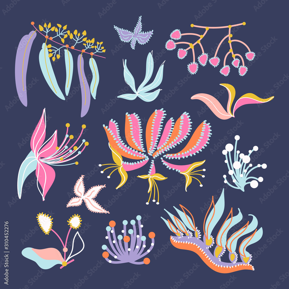 Set of flat vector exotic flowers and plants for design.Hand drawn botanical collection to create pattern,fabrics,prints,wallpapers,invitations design and others.