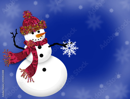 Graphic Illustration of Snowlady isolated on blue background with snowflakes.  Dressed for cold days wearing knit hat ad scarf. photo