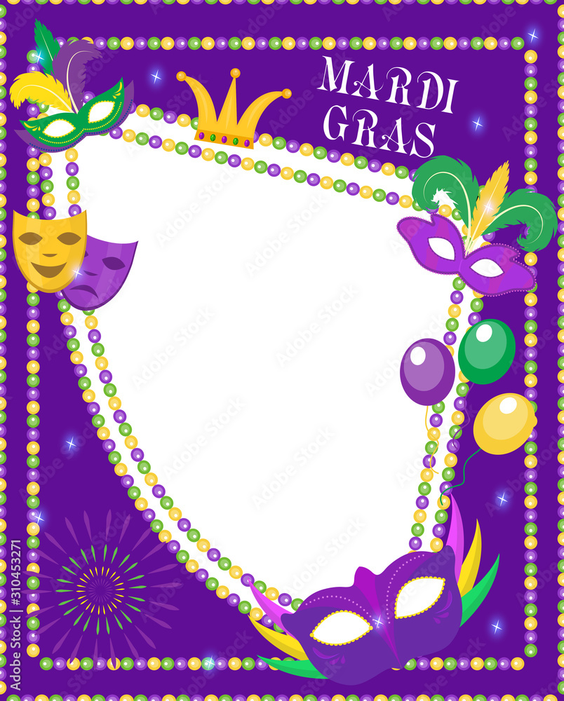 Mardi Gras frame template with space for text. Mardi Gras Carnival poster,  flyer, invitation. Party, parade background. Vector illustration  Stock-Vektorgrafik | Adobe Stock