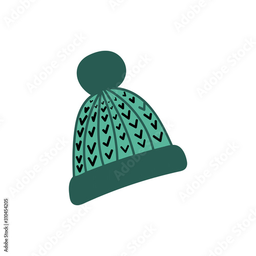 Green knit winter pom pom hat in hand drawn,doodle style for posters, patterns.