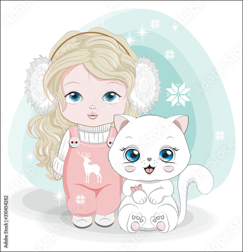 little girl and cat Happy Birthday Winter Card