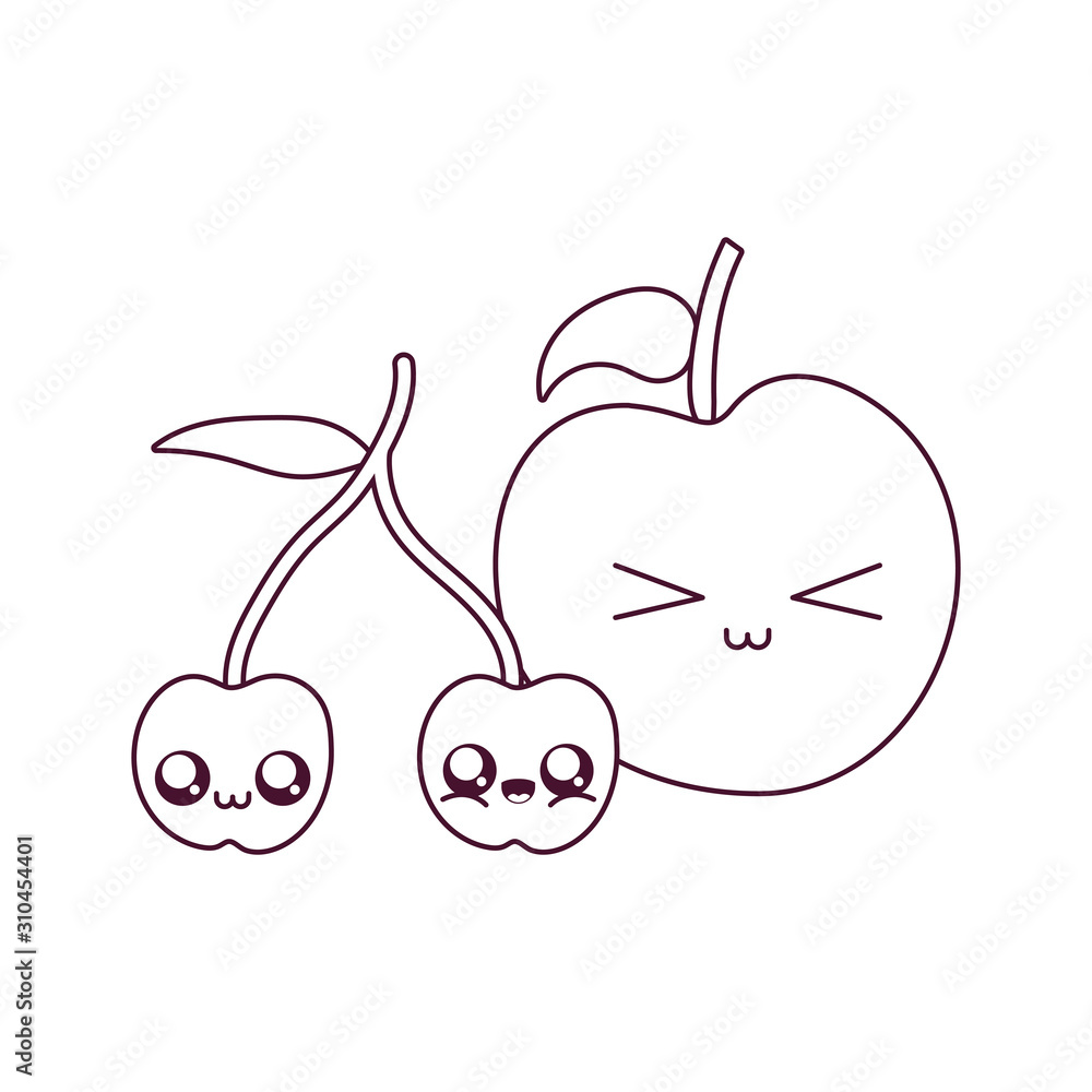 Fototapeta premium Kawaii cherry and apple cartoon vector design