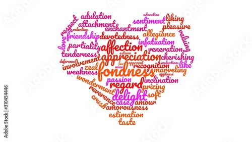 Love synonym word cloud, heart shaped photo