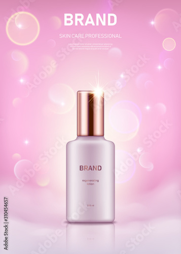 Realistic lotion bottle with golden lid on pastel pink background with bokeh lights. Advertising poster for the promotion of cosmetic skin care premium product