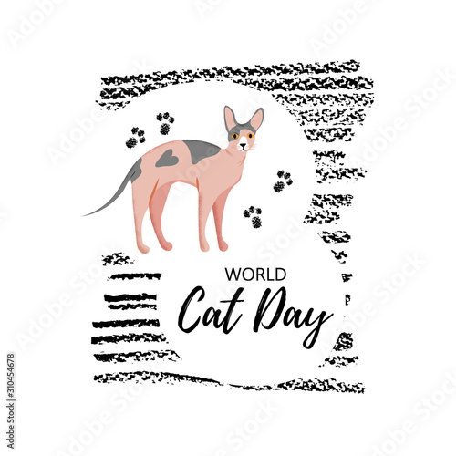 Greeting card with text " World Cat Day". Cute character with lettering. Icon of sphynx breed.