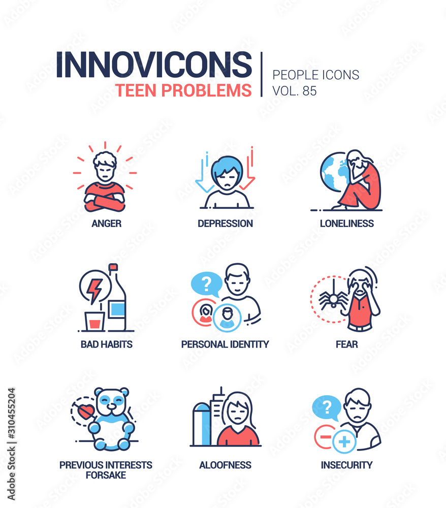 Teen problems line design style icons set Teen problems line design style icons set