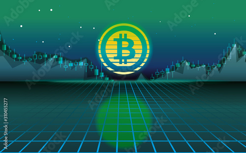 Bitcoin vector illustration. Cryptocurrency bitcoin on dark neon 3D background. 80s background. Free space fotr text.