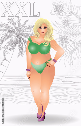 Plus size sexual girl in bikini, vector illustration