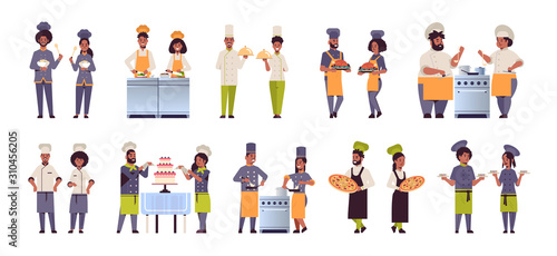 set different professional chefs couples standing together african american men women restaurant kitchen workers in uniform cooking food concepts collection flat full length horizontal vector