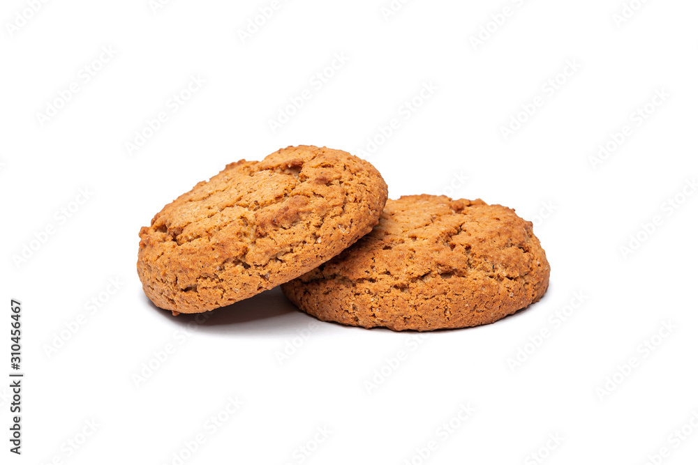 two oatmeal cookies on a white background two oatmeal cookies on a white background