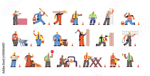 set male builders with professional equipment during different building activity busy construction workmen in uniform flat full length horizontal vector illustration