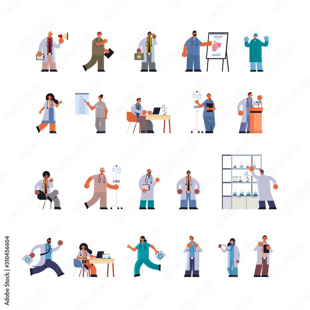 doctors in uniform different clinic hospital workers set medicine healthcare concept full length flat vector illustration