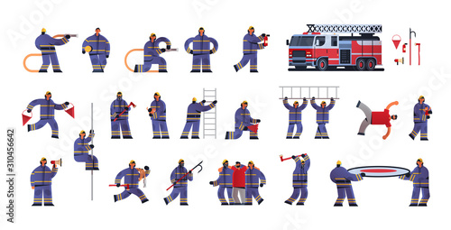 set brave firemen in different poses firefighters wearing uniform and helmet firefighting emergency service extinguishing fire concept flat white background full length horizontal vector illustration