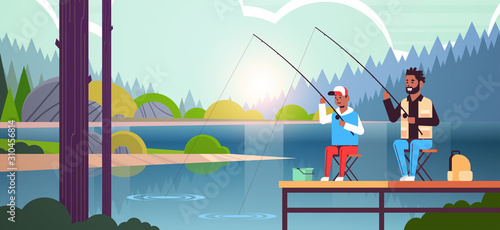father and son fishing together from pier man with little boy using rods happy family weekend fisher hobby concept water horizon forest landscape background flat full length horizontal vector