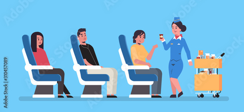 flight attendant serving drinks to airplane board passengers sitting in armchairs stewardess in uniform pushing trolley cart professional service travel concept full length horizontal flat vector