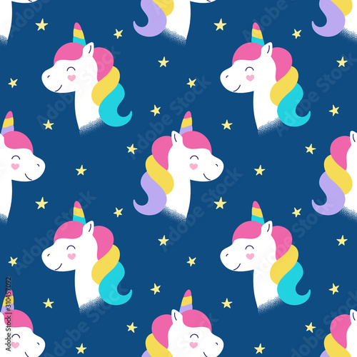 Seamless cute pattern, unicorn magic head, little horse, print design, wrapping, fabric, wallpaper. Vector illustration for children on a blue background.