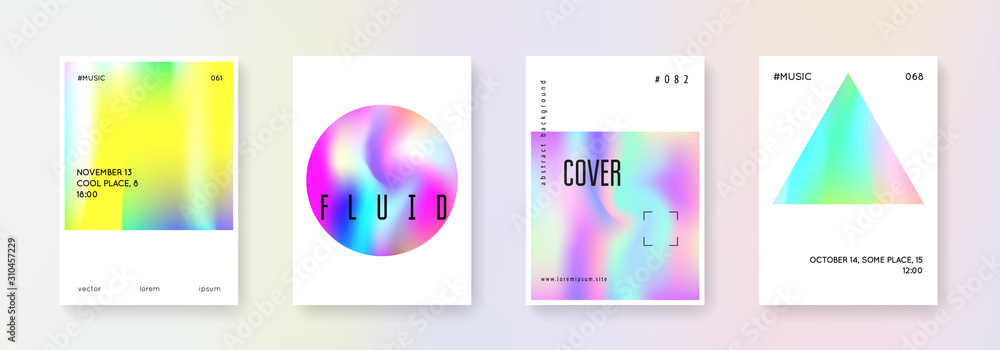 Holographic cover set. Abstract backgrounds. Colorful holographic cover with gradient mesh. 90s, 80s retro style. Pearlescent graphic template for brochure, banner, wallpaper, mobile screen
