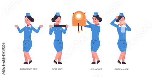 set guidance from stewardess explaining instructions with life vest seat belt emergency exit and oxygen mask flight attendant in uniform safety demonstration concept horizontal full length vector