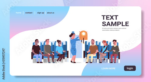 stewardess explaining for mix race passengers how to use life vest jacket flight attendant in uniform safety demonstration concept airplane board interior horizontal copy space vector illustration