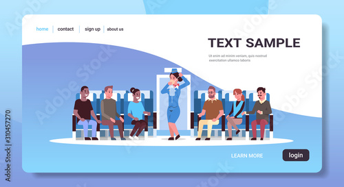 stewardess explaining for mix race passengers how to use oxygen mask flight attendant in uniform safety demonstration concept airplane board interior horizontal copy space vector illustration