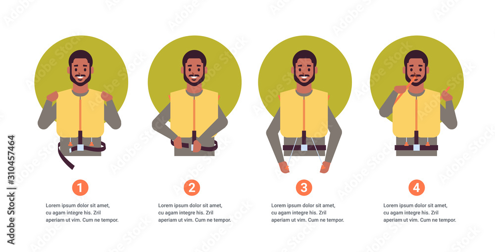 set guidance from steward african american flight attendant explaining instructions with life vest in emergency situation step by step safety demonstration concept portrait horizontal copy space