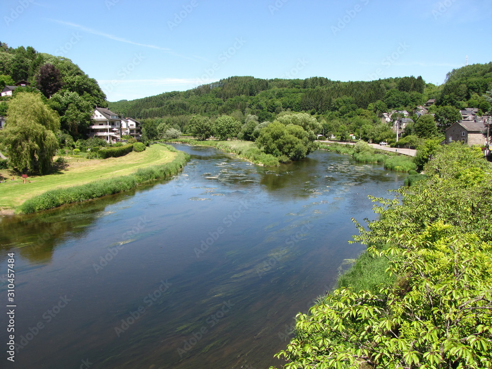 river semois with a green forest in the background in the belgian ardennes in springtime