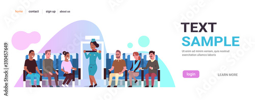 stewardess explaining mix race passengers how to use seat belt fastening african american flight attendant in uniform safety demonstration concept airplane board interior horizontal copy space vector