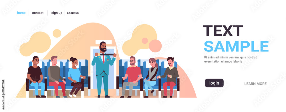 steward explaining for mix race passengers how to use seat belt fastening african american flight attendant in uniform safety demonstration concept airplane board interior horizontal copy space vector steward explaining for mix race passengers how to use seat belt fastening african american flight attendant in uniform safety demonstration concept airplane board interior horizontal copy space vector