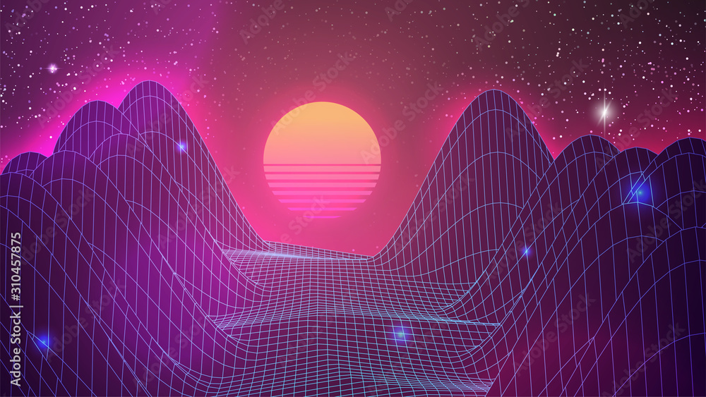 Synthwave Sunset Background. Virtual 3d landscape with Sun. Perspective Grid with starry sky. 80s sci-fi or game style. Banner, poster, cover or Retro party flyer template. Stock vector illustration - obrazy, fototapety, plakaty 