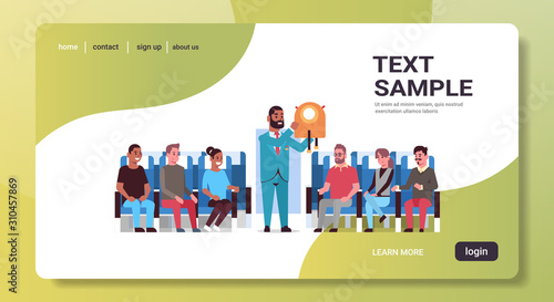 steward explaining for mix race passengers how to use life vest jacket african american flight attendant in uniform safety demonstration concept airplane board interior horizontal copy space vector