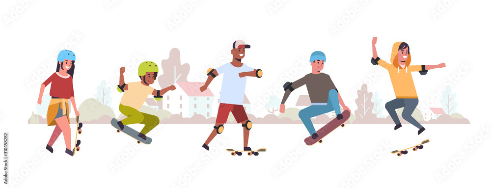 skaters performing tricks in public skate board park skateboarding concept mix race teenagers having fun riding skateboards landscape background flat full length horizontal vector illustration