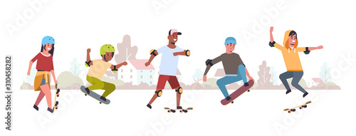 skaters performing tricks in public skate board park skateboarding concept mix race teenagers having fun riding skateboards landscape background flat full length horizontal vector illustration