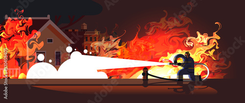 brave fireman extinguishing flame in burning house firefighter wearing uniform and helmet spraying water to fire firefighting emergency service concept flat full length horizontal vector illustration