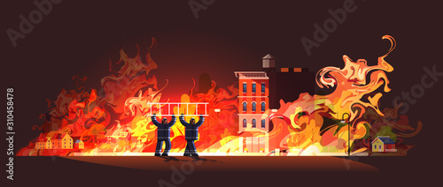 brave firemen couple carrying ladder firefighters team in uniform firefighting emergency service extinguishing fire concept burning house orange flame background full length horizontal vector